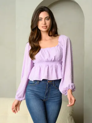 WOMEN'S LONG PUFF SLEEVE SQUARENECK SMOCK WAIST TOP