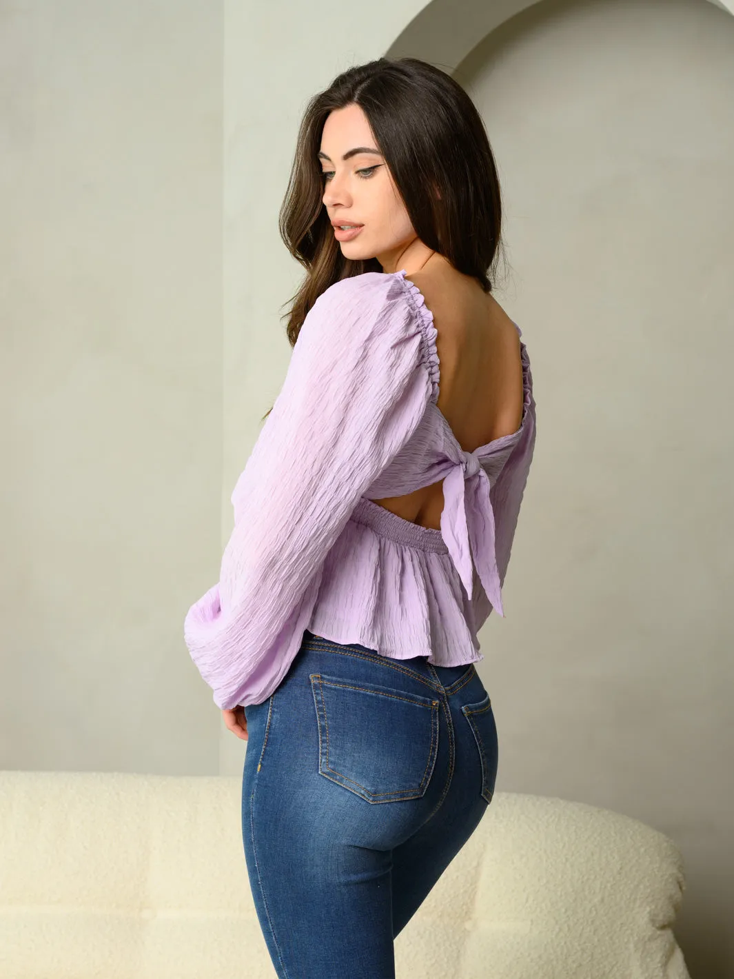 WOMEN'S LONG PUFF SLEEVE SQUARENECK SMOCK WAIST TOP