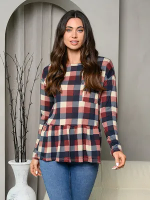 WOMEN'S LONG SLEEVE FRONT POCKET PLAID PEPLUM TOP