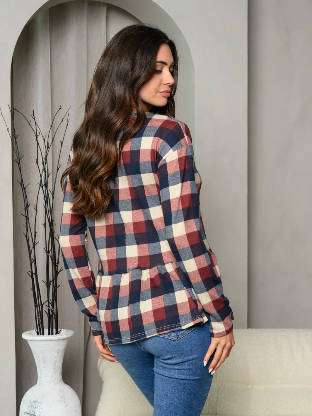 WOMEN'S LONG SLEEVE FRONT POCKET PLAID PEPLUM TOP