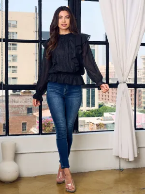WOMEN'S LONG SLEEVE RUFFLE SHIMMER PEPLUM TOP