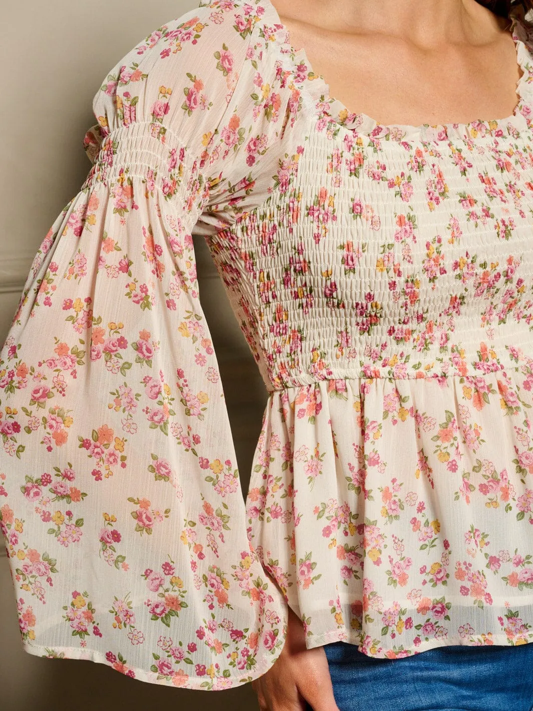 WOMEN'S LONG SLEEVE SMOCK FLORAL PEPLUM BLOUSE TOP
