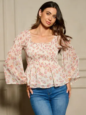 WOMEN'S LONG SLEEVE SMOCK FLORAL PEPLUM BLOUSE TOP