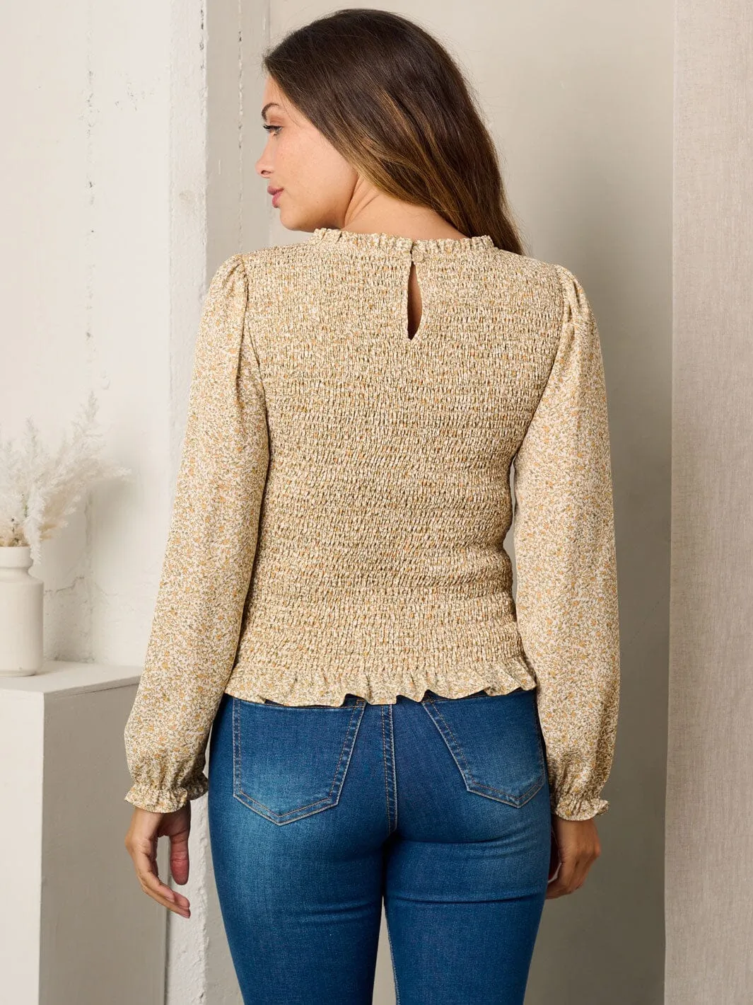WOMEN'S LONG SLEEVE SMOCK FLORAL PEPLUM TOP