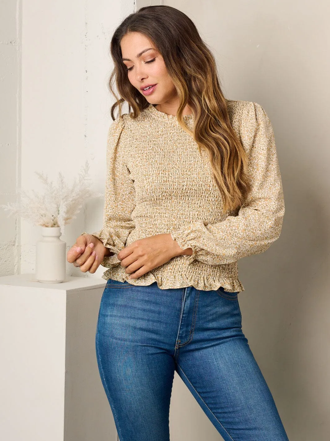 WOMEN'S LONG SLEEVE SMOCK FLORAL PEPLUM TOP