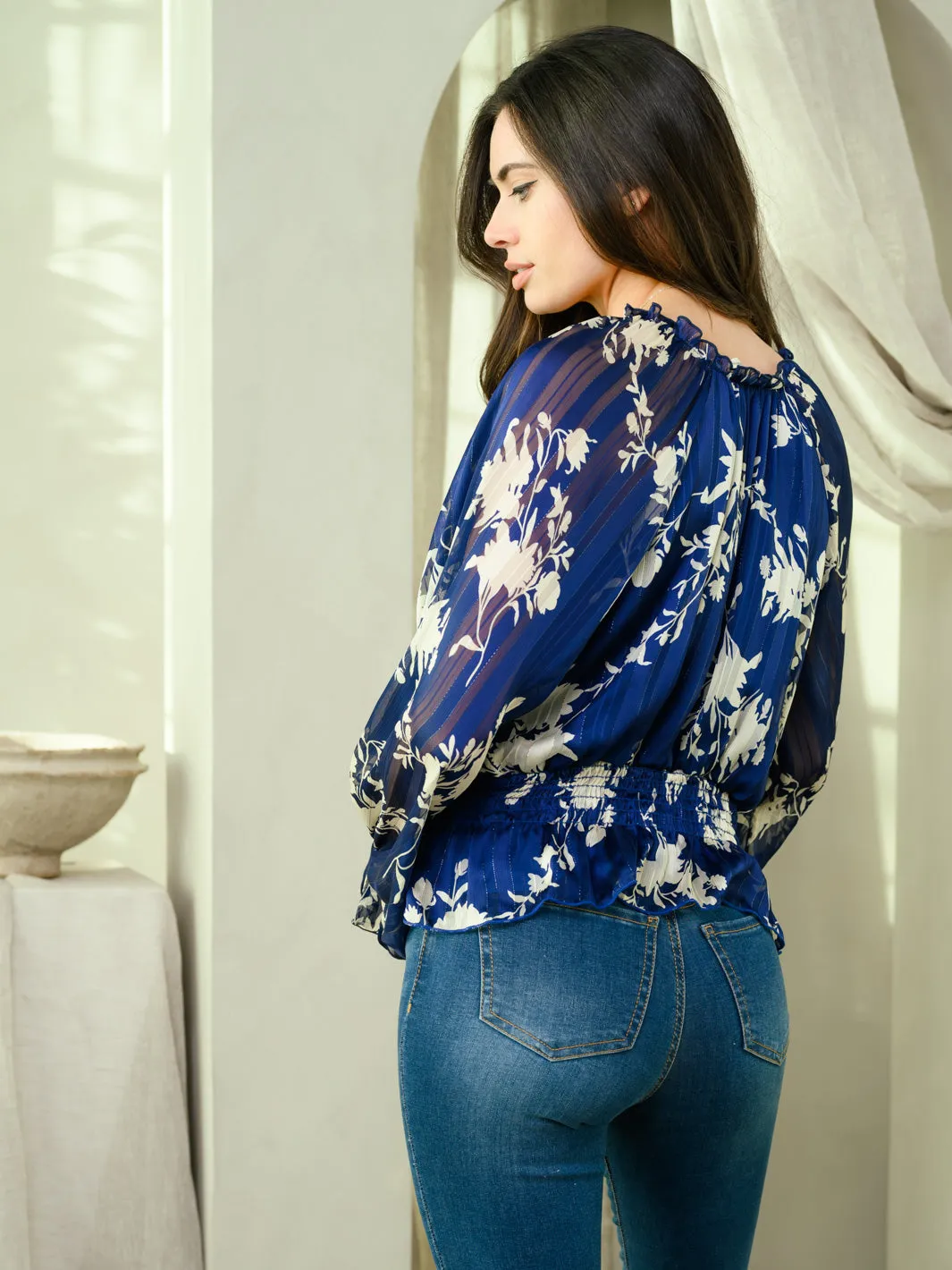 WOMEN'S LONG SLEEVE SMOCKING WAIST FLORAL TOP