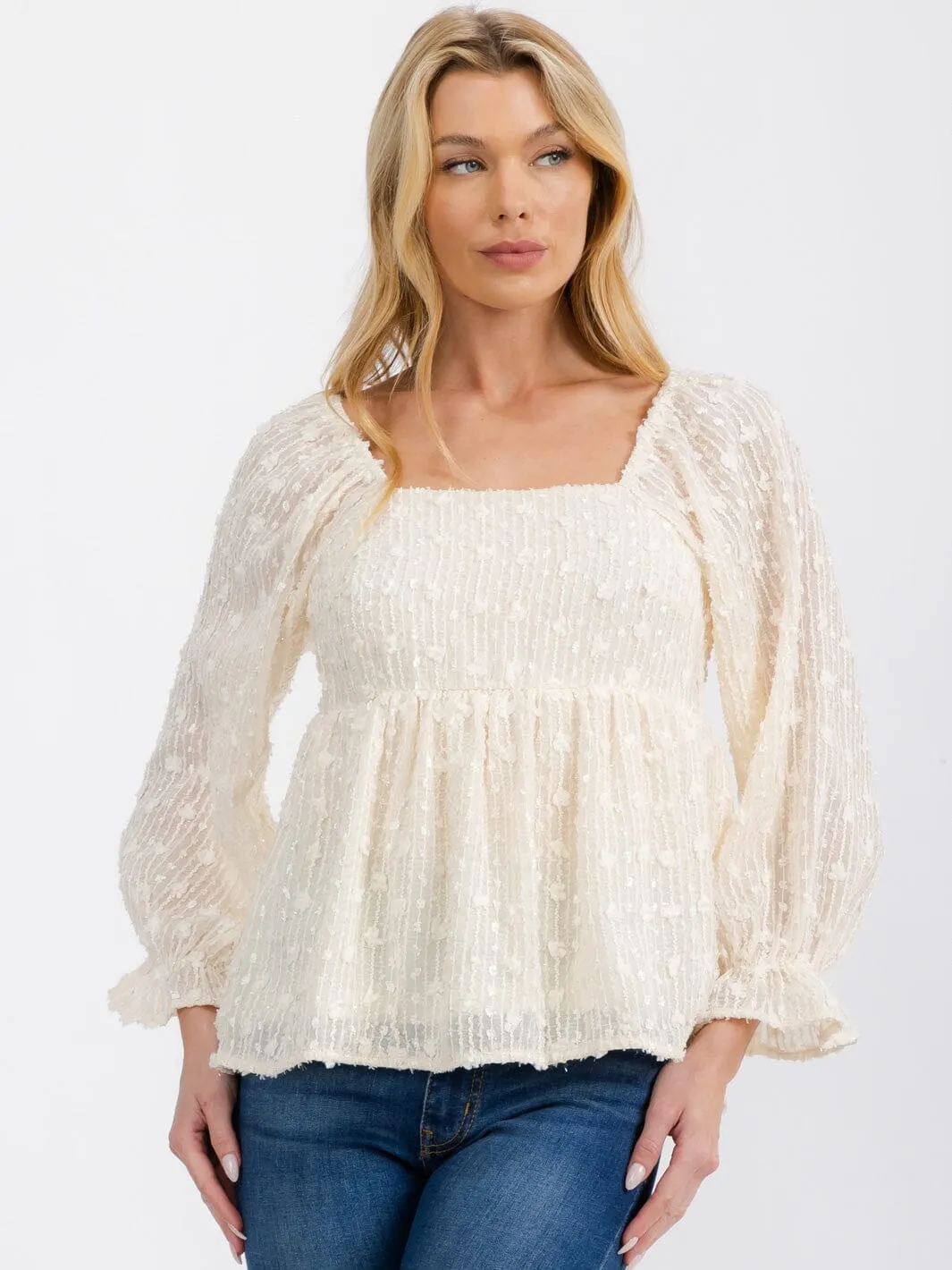 WOMEN'S LONG SLEEVE SQUARE NECK SMOCK SHIMMER PEPLUM BLOUSE TOP