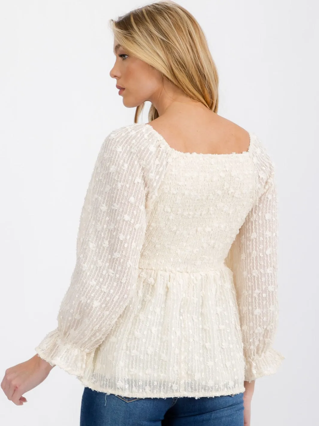 WOMEN'S LONG SLEEVE SQUARE NECK SMOCK SHIMMER PEPLUM BLOUSE TOP