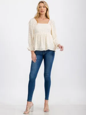 WOMEN'S LONG SLEEVE SQUARE NECK SMOCK SHIMMER PEPLUM BLOUSE TOP