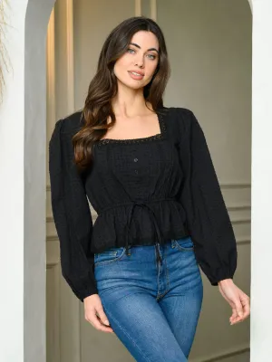 WOMEN'S LONG SLEEVE SQUARE NECK SWISS DOT PEPLUM TOP