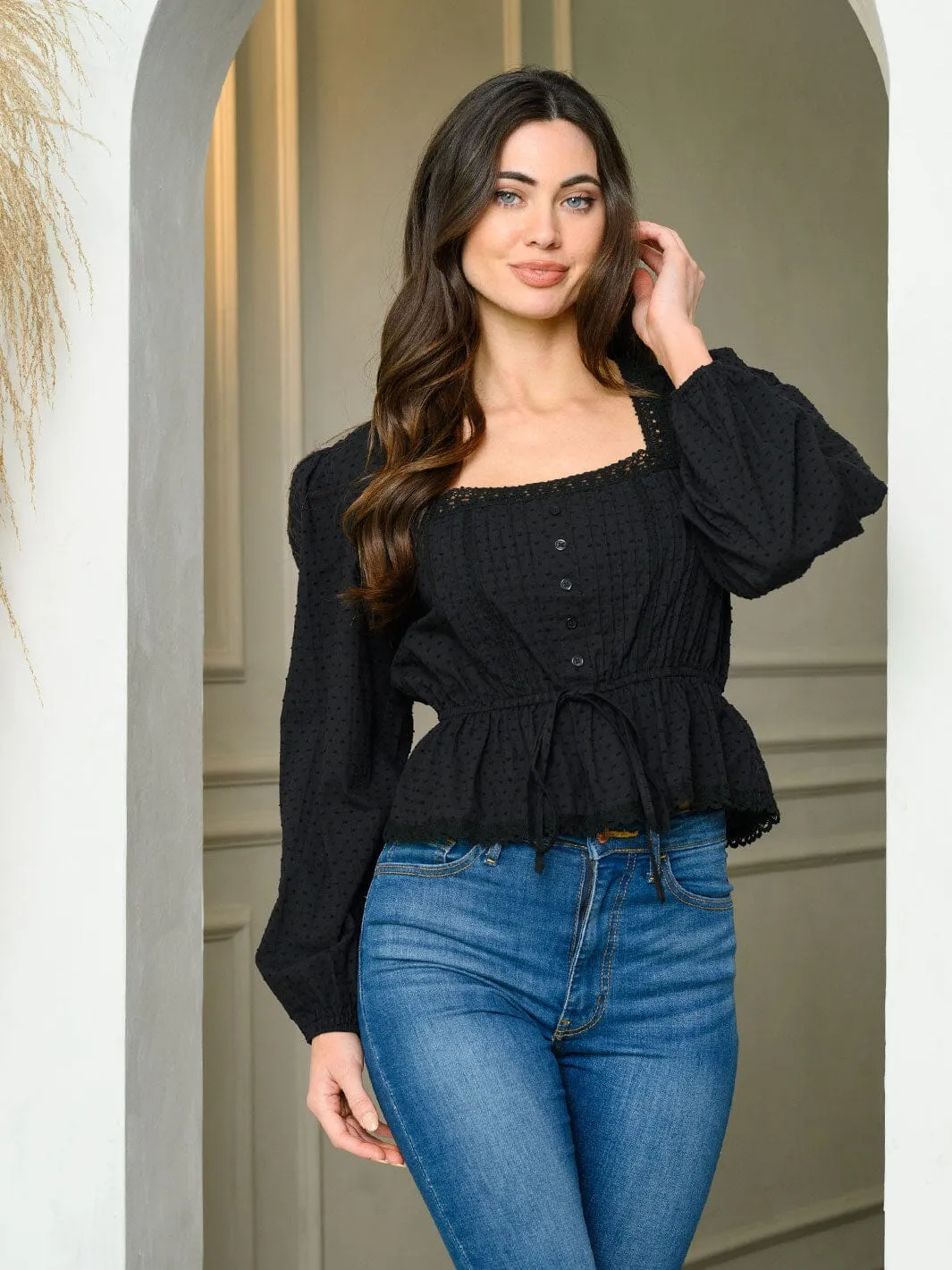 WOMEN'S LONG SLEEVE SQUARE NECK SWISS DOT PEPLUM TOP