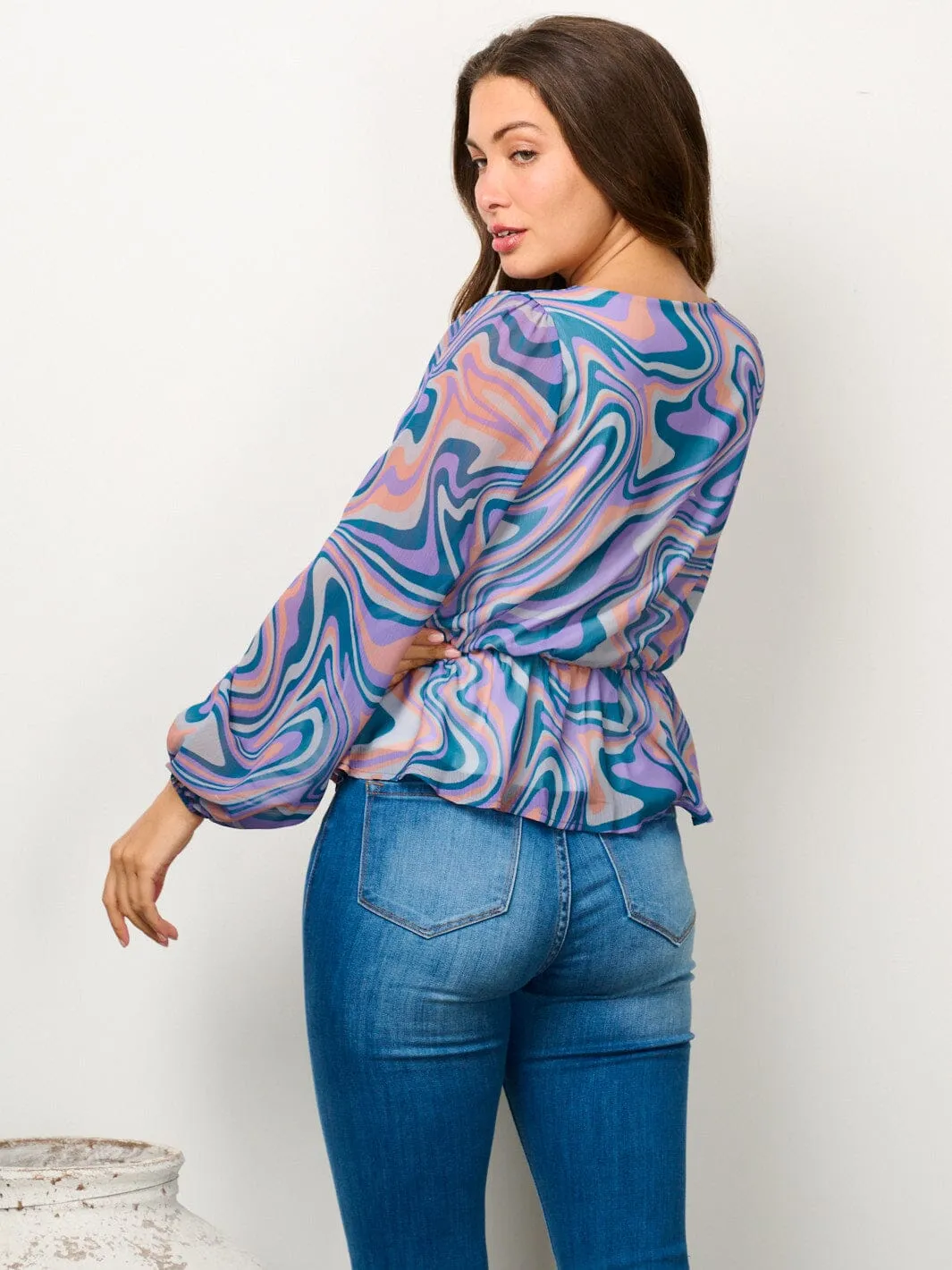 WOMEN'S LONG SLEEVE SURPLICE PRINTED PEPLUM BLOUSE TOP
