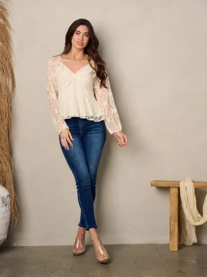 WOMEN'S LONG SLEEVE V-NECK LACE TOP