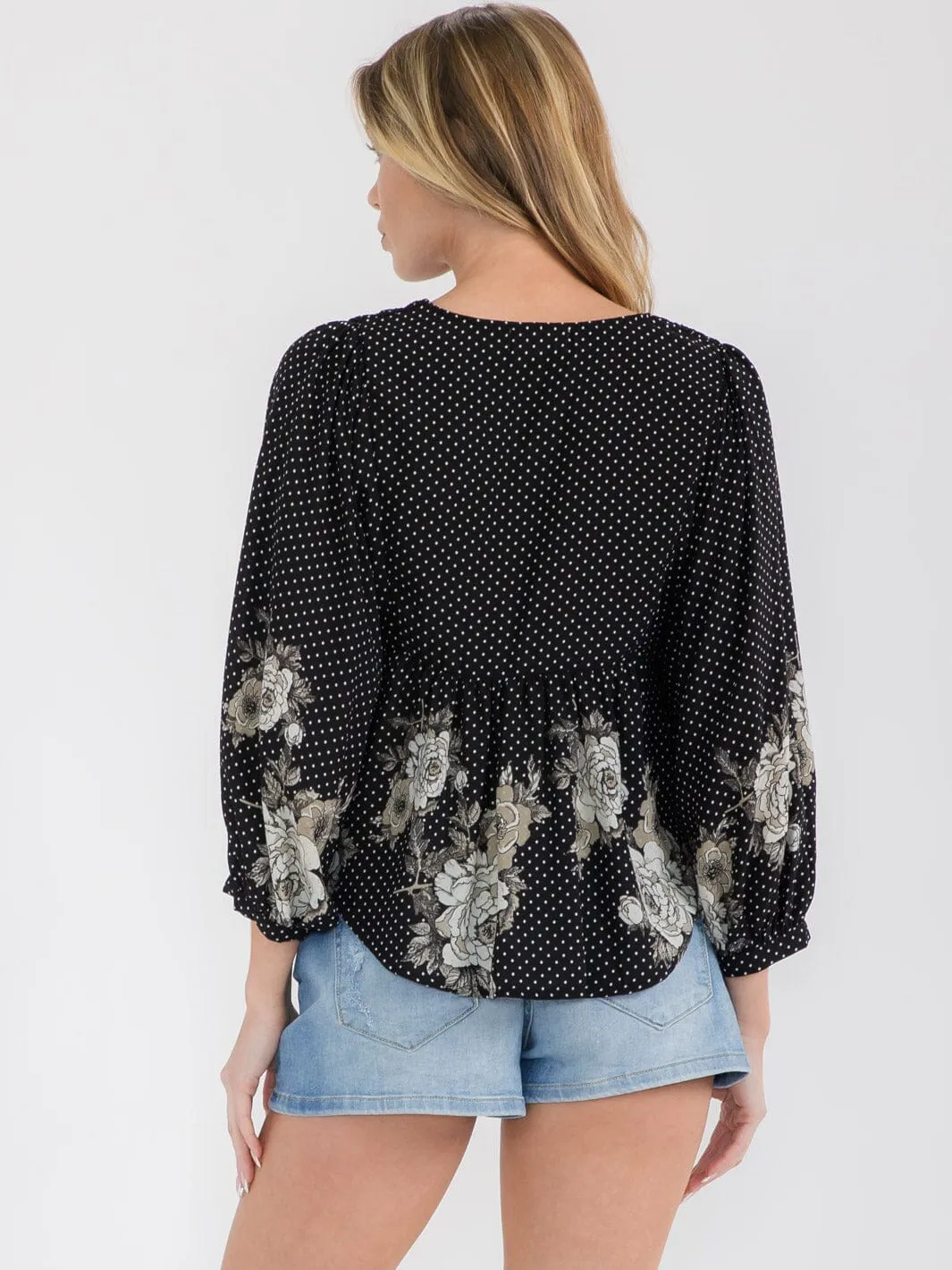 WOMEN'S LONG SLEEVE V-NECK PEPLUM FLORAL BLOUSE