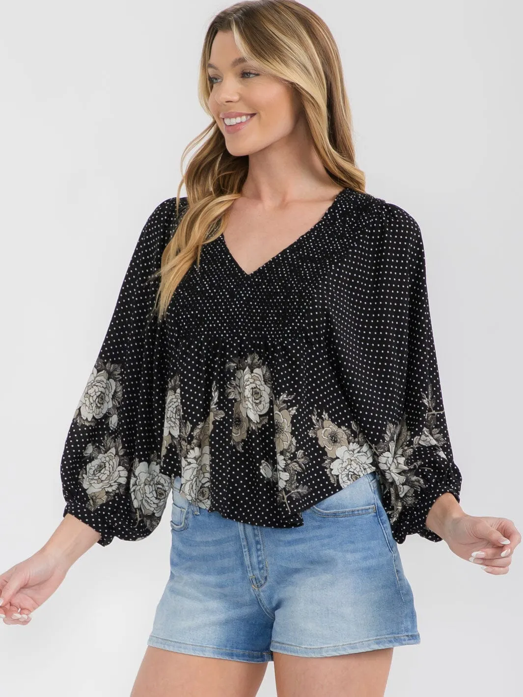 WOMEN'S LONG SLEEVE V-NECK PEPLUM FLORAL BLOUSE