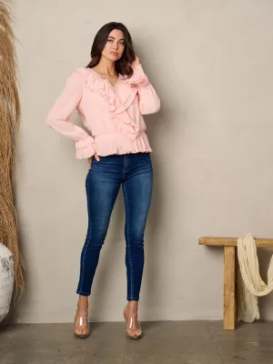 WOMEN'S LONG SLEEVE V-NECK RUFFLE PEPLUM TOP