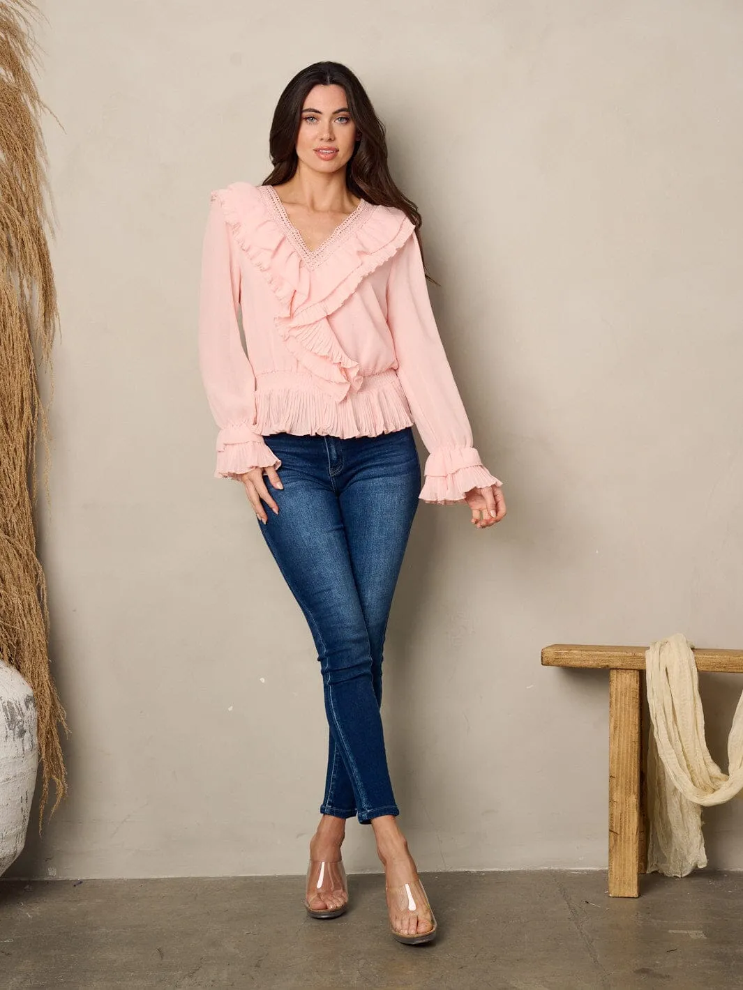WOMEN'S LONG SLEEVE V-NECK RUFFLE PEPLUM TOP