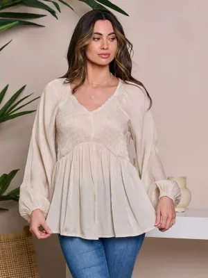 WOMEN'S LONG SLEEVE V-NECK SMOCK PEPLUM BLOUSE