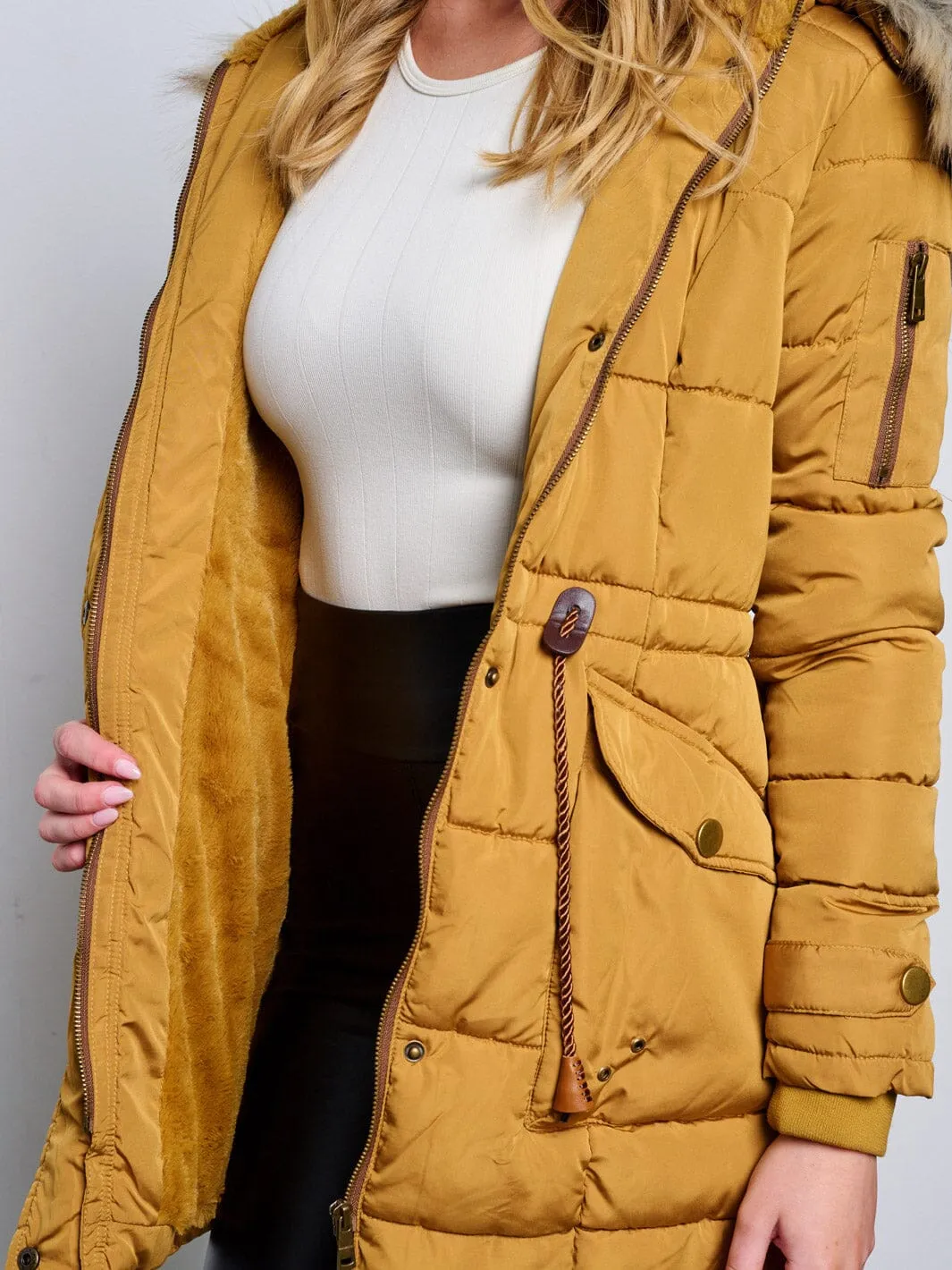 WOMEN'S LONG SLEEVE ZIP UP REMOVABLE HOODIE PUFFER COAT