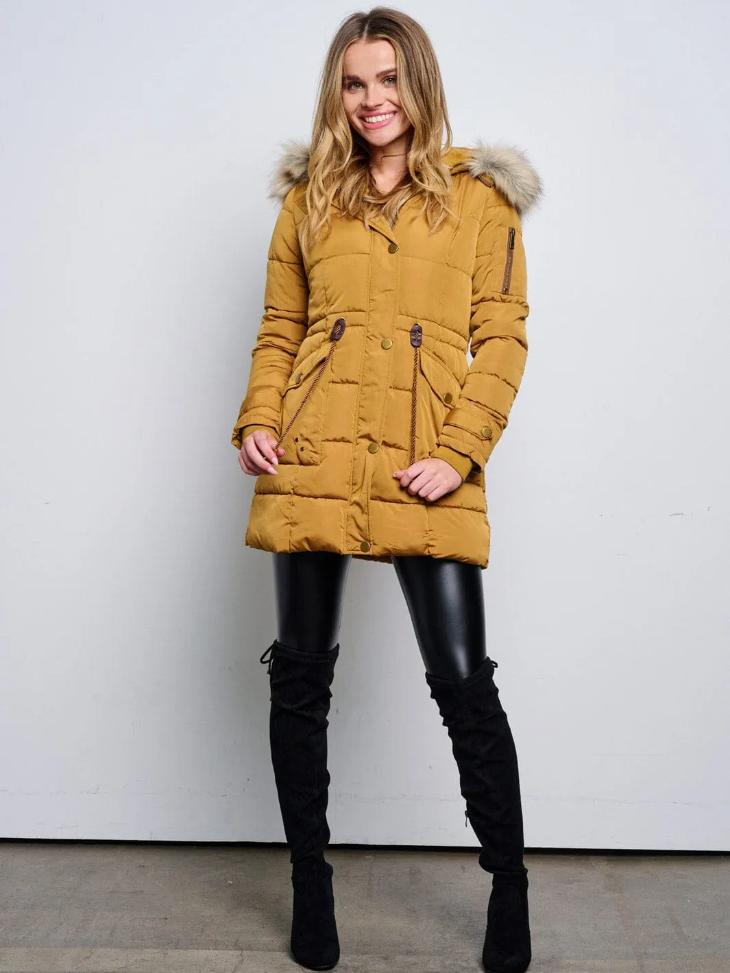 WOMEN'S LONG SLEEVE ZIP UP REMOVABLE HOODIE PUFFER COAT