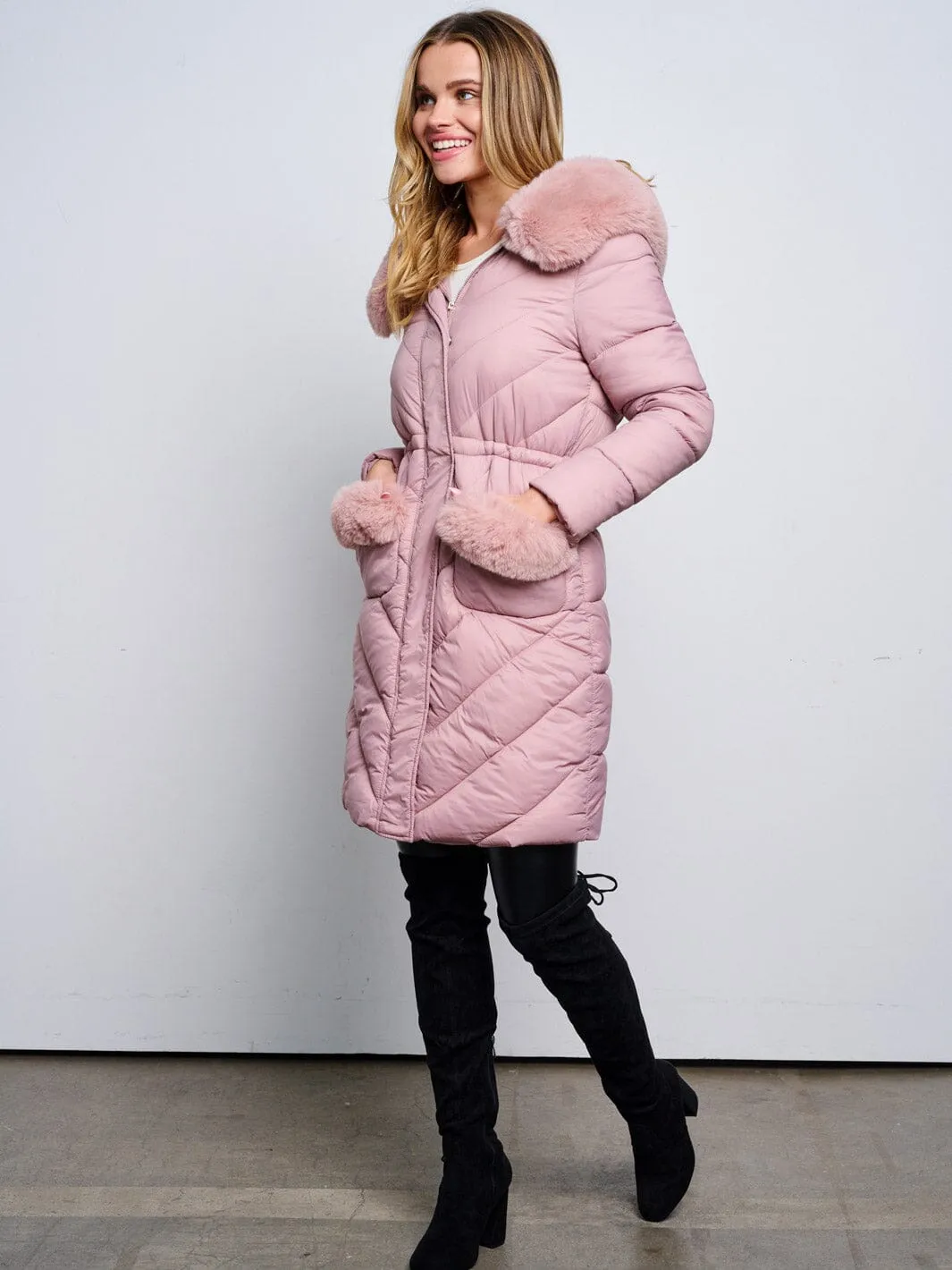 WOMEN'S LONG SLEEVE ZIP UP REMOVABLE SHERPA COLLAR HOODIE PUFFER JACKET