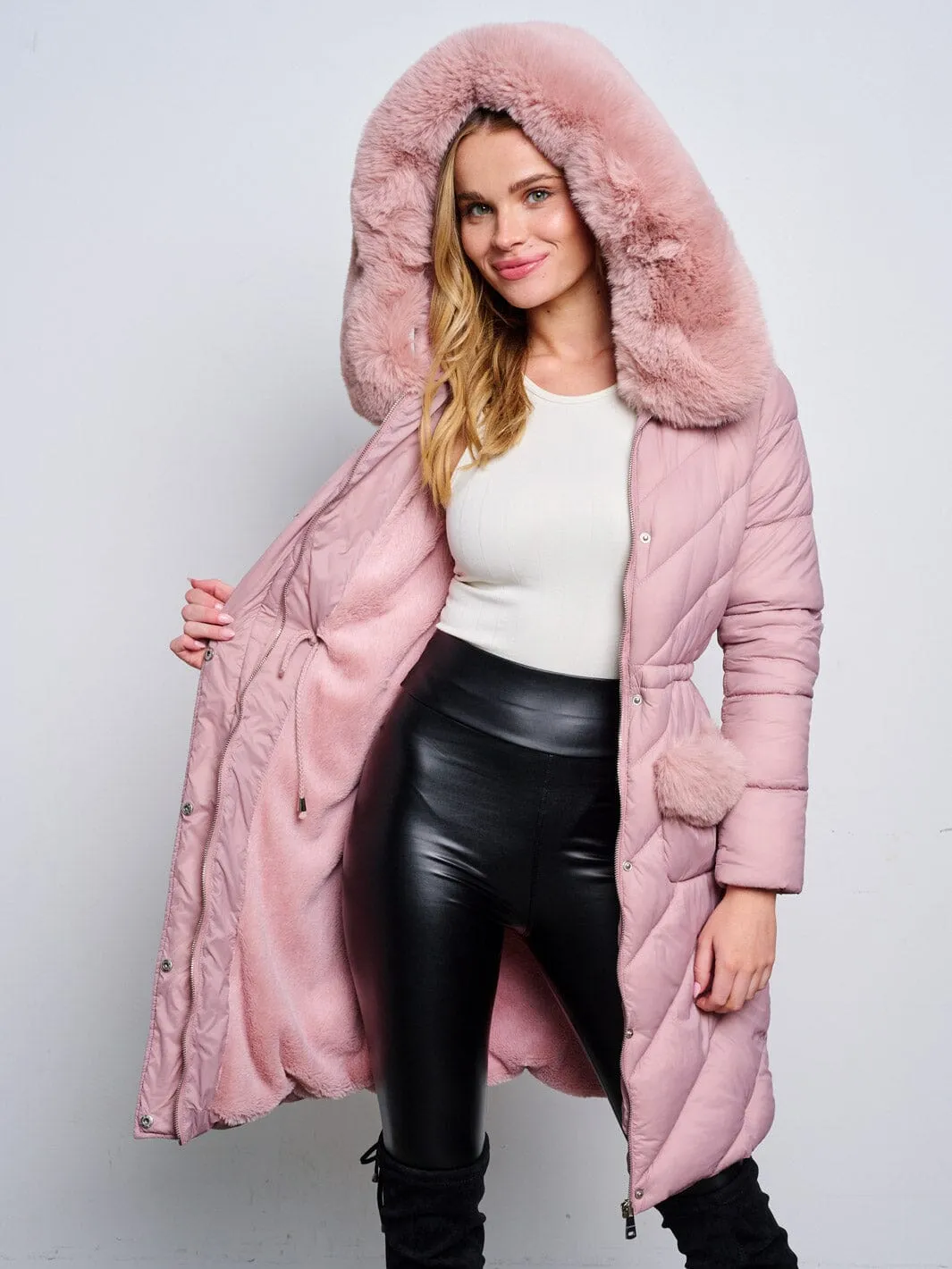 WOMEN'S LONG SLEEVE ZIP UP REMOVABLE SHERPA COLLAR HOODIE PUFFER JACKET