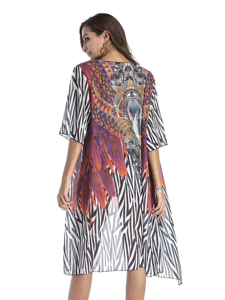 Women's National Printed Long Kimono Cardigan Beach Tops Cover Ups