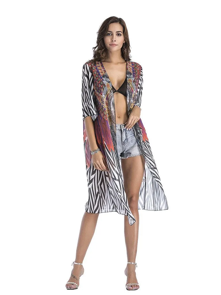 Women's National Printed Long Kimono Cardigan Beach Tops Cover Ups