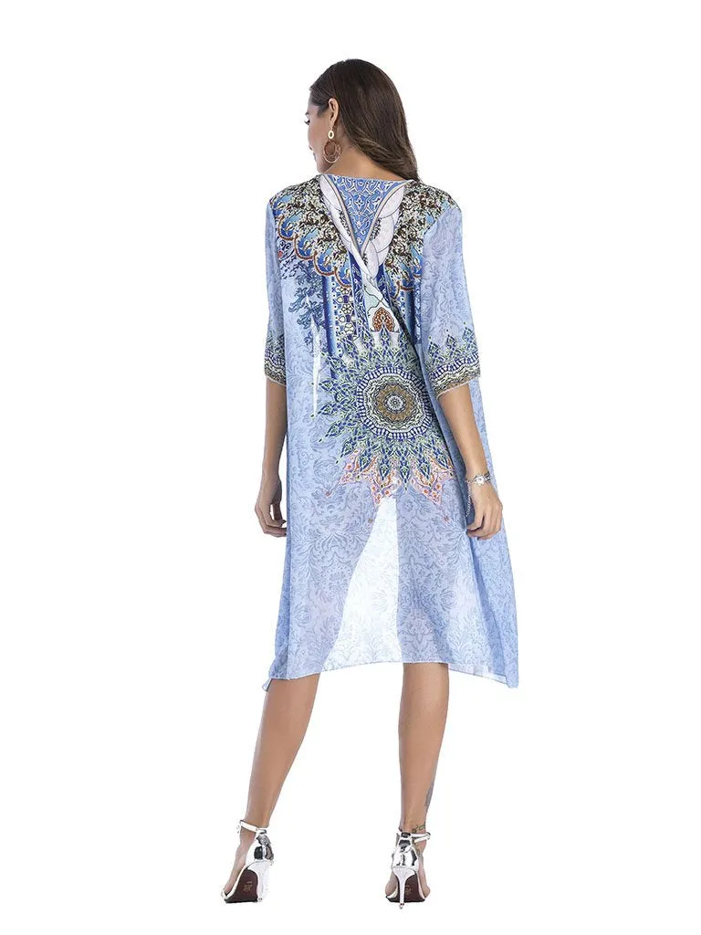 Women's National Printed Long Kimono Cardigan Beach Tops Cover Ups