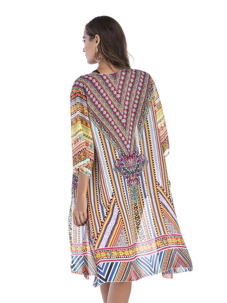 Women's National Printed Long Kimono Cardigan Beach Tops Cover Ups