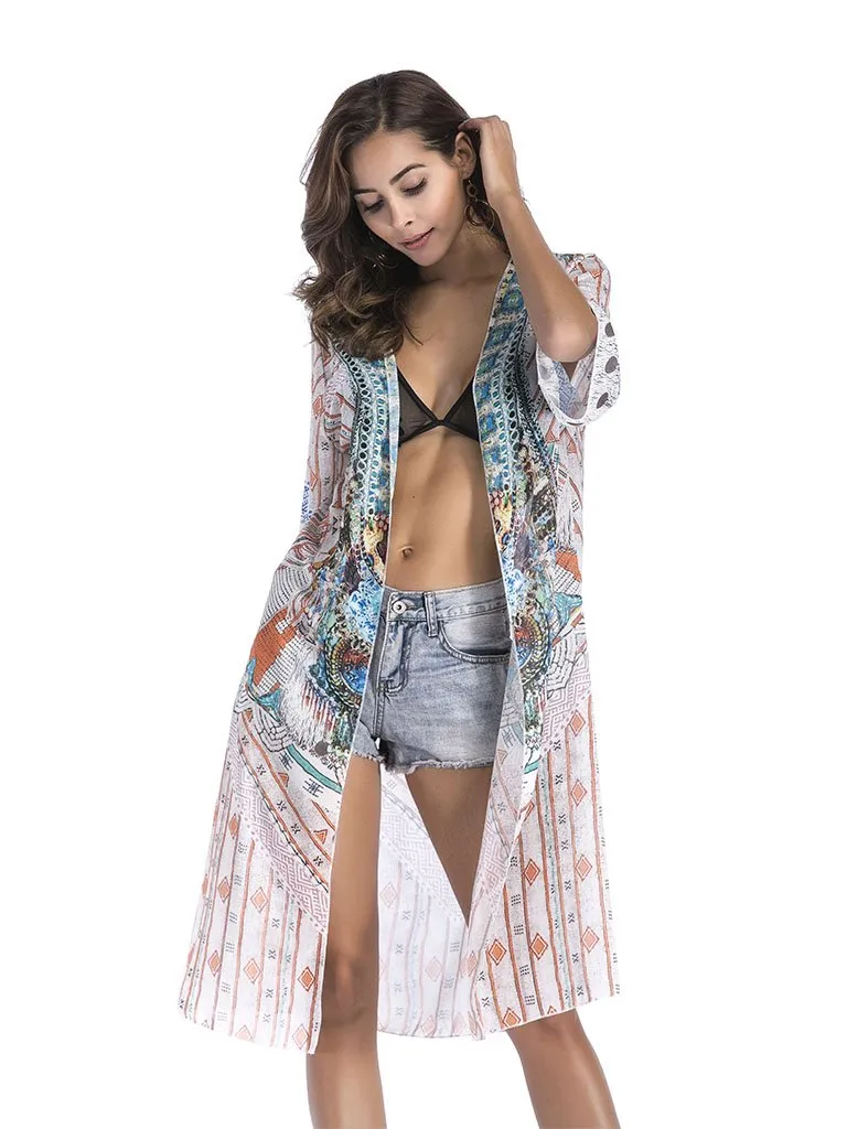 Women's National Printed Long Kimono Cardigan Beach Tops Cover Ups