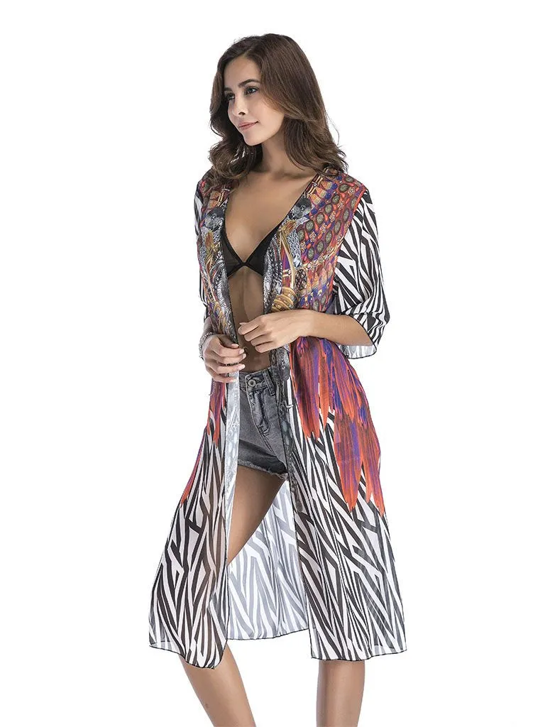 Women's National Printed Long Kimono Cardigan Beach Tops Cover Ups