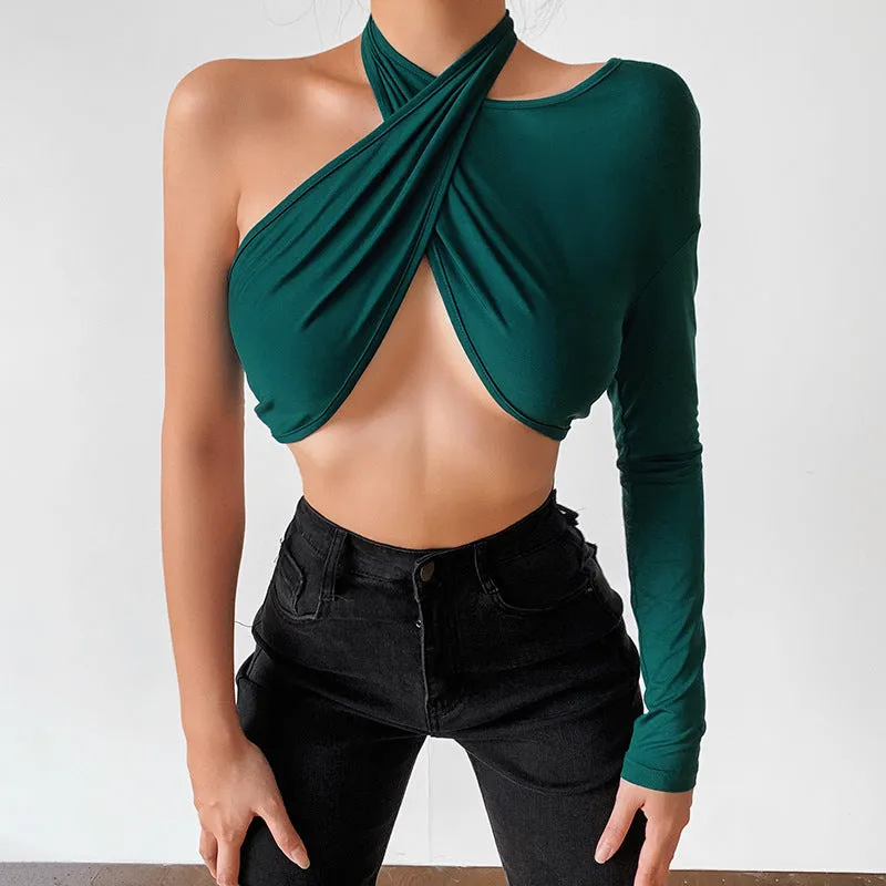 Women's New One-shoulder Cross Sexy Strappy Waistless Halter Neck Crop tops