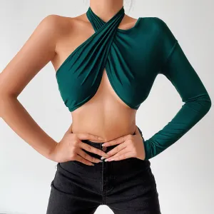 Women's New One-shoulder Cross Sexy Strappy Waistless Halter Neck Crop tops