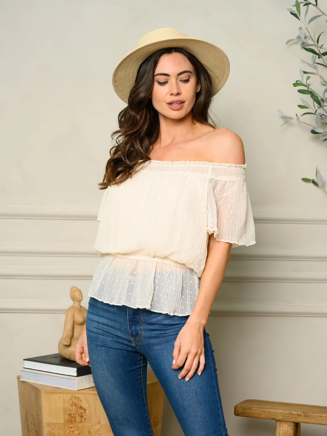 WOMEN'S OFF SHOULDER SWISS DOT DETAILED PEPLUM TOP