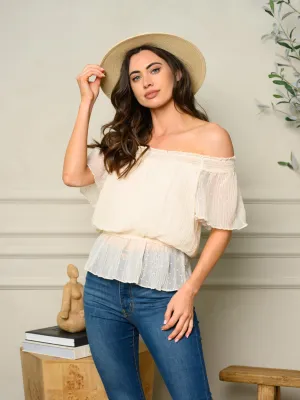 WOMEN'S OFF SHOULDER SWISS DOT DETAILED PEPLUM TOP