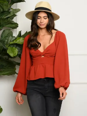 WOMEN'S PUFF LONG SLEEVE V-NECK PEPLUM TOP