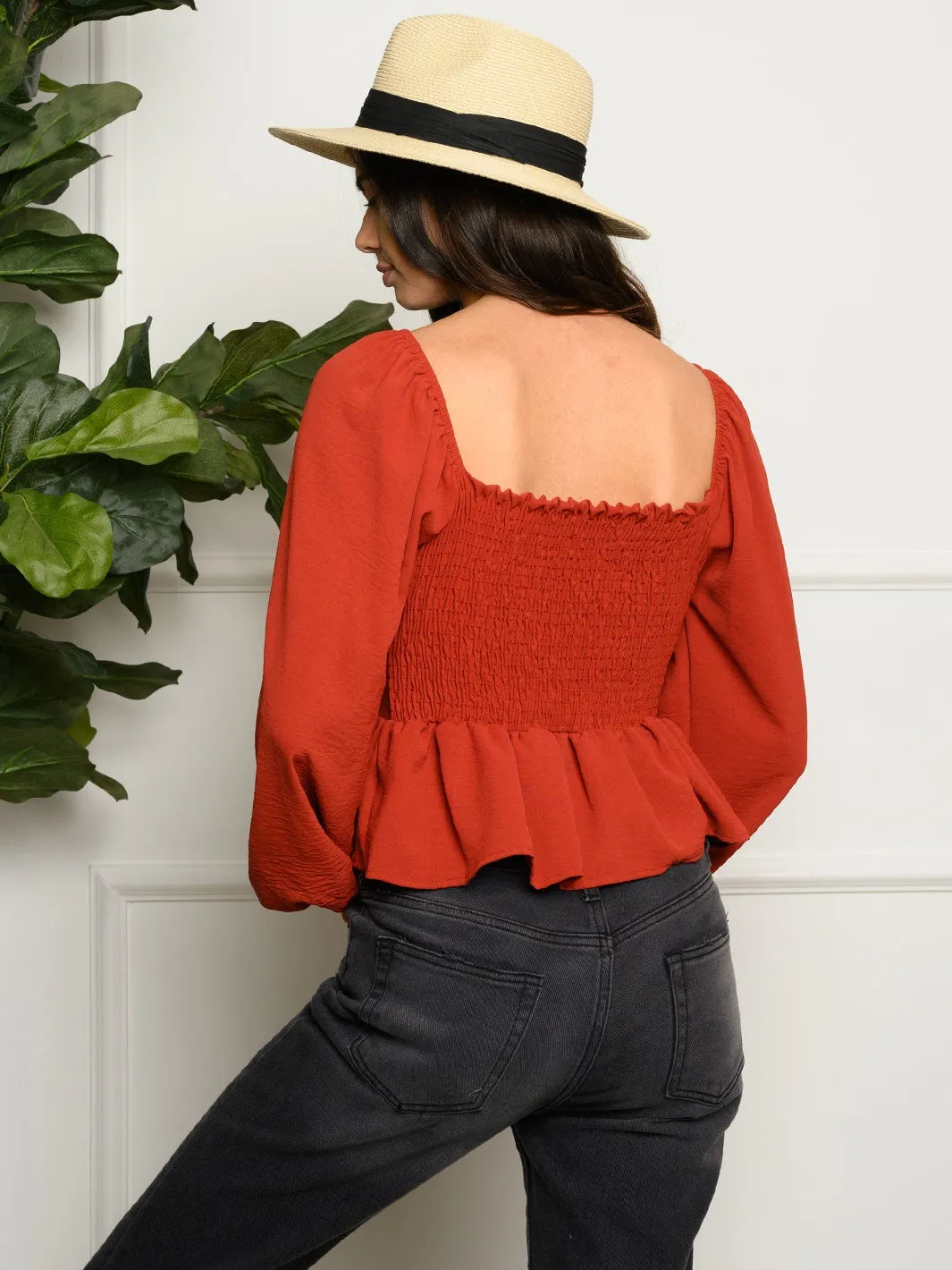 WOMEN'S PUFF LONG SLEEVE V-NECK PEPLUM TOP