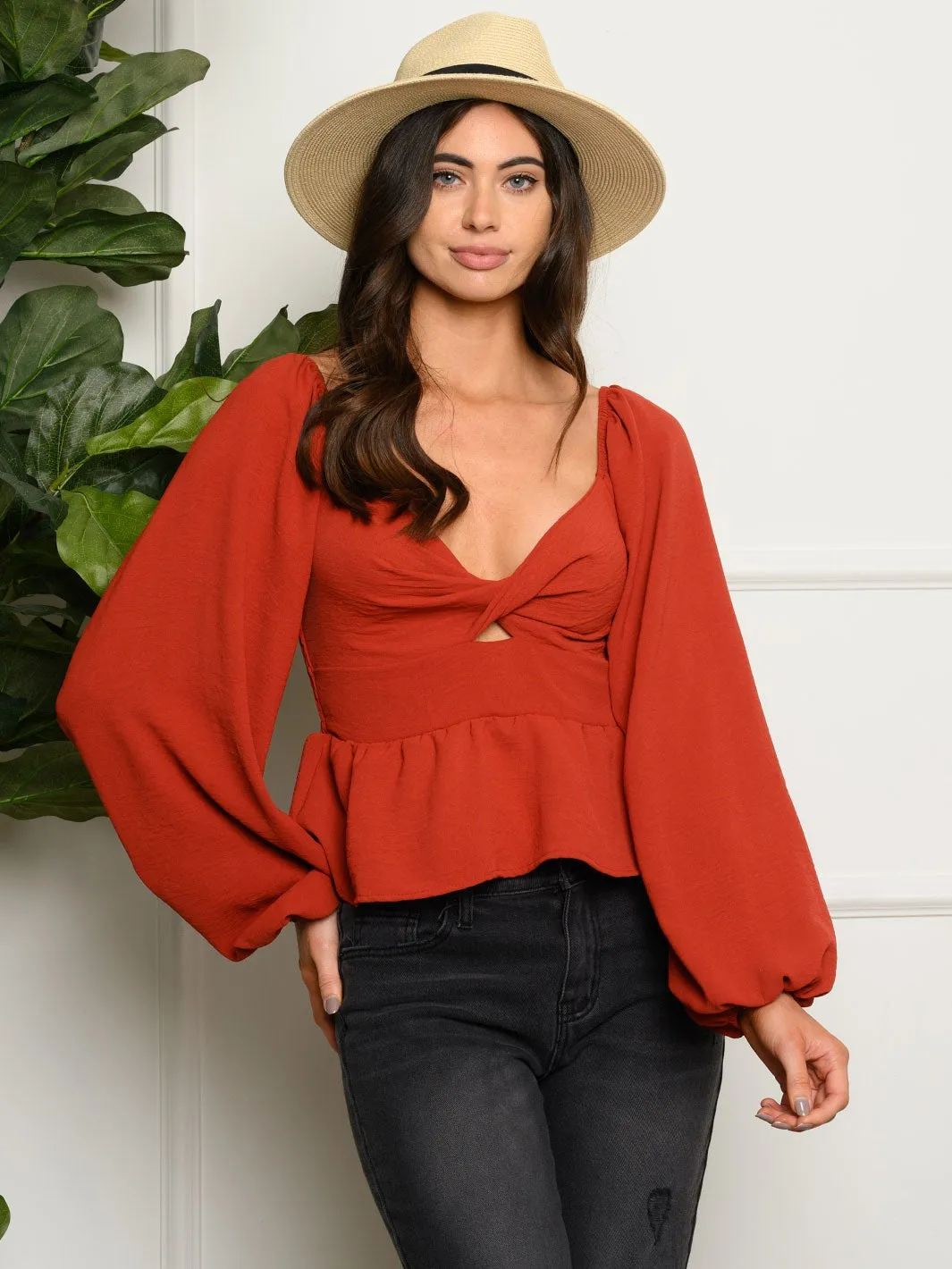 WOMEN'S PUFF LONG SLEEVE V-NECK PEPLUM TOP