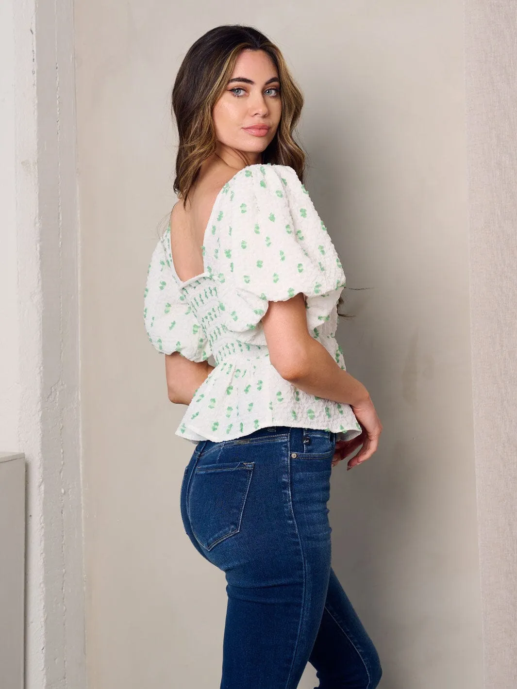 WOMEN'S SHORT PUFF SLEEVE DETAILED PEPLUM TOP