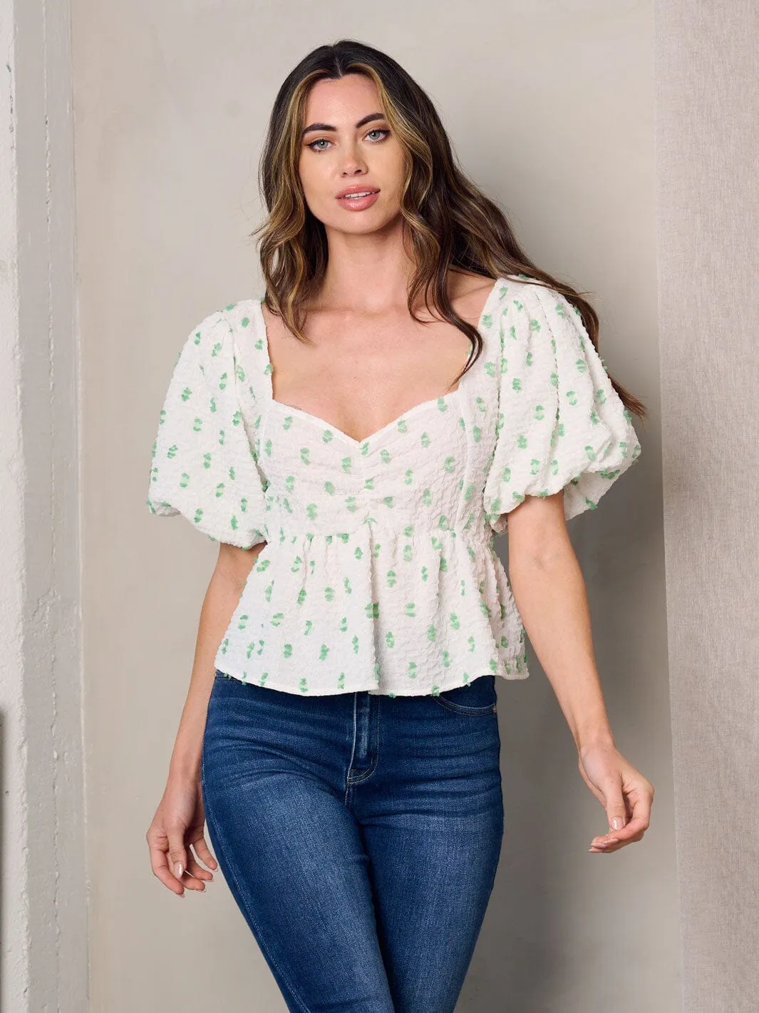WOMEN'S SHORT PUFF SLEEVE DETAILED PEPLUM TOP