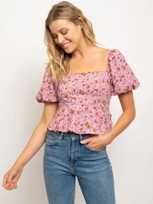 WOMEN'S SHORT PUFF SLEEVES SQUARE NECK FLORAL PEPLUM TOP
