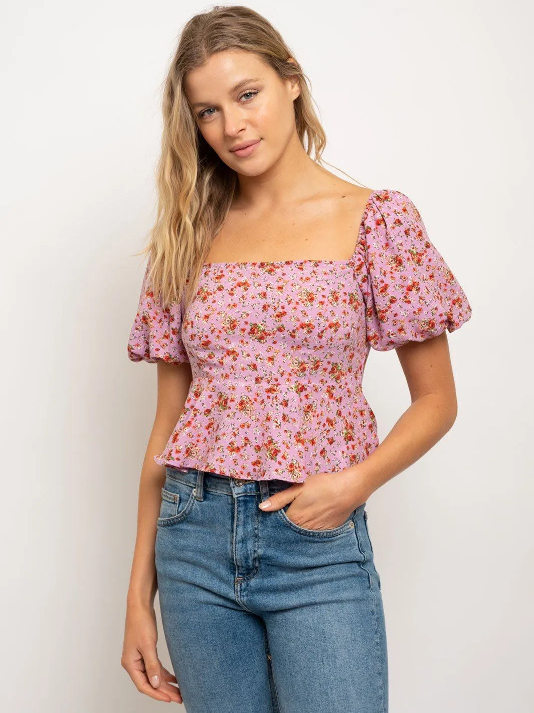 WOMEN'S SHORT PUFF SLEEVES SQUARE NECK FLORAL PEPLUM TOP