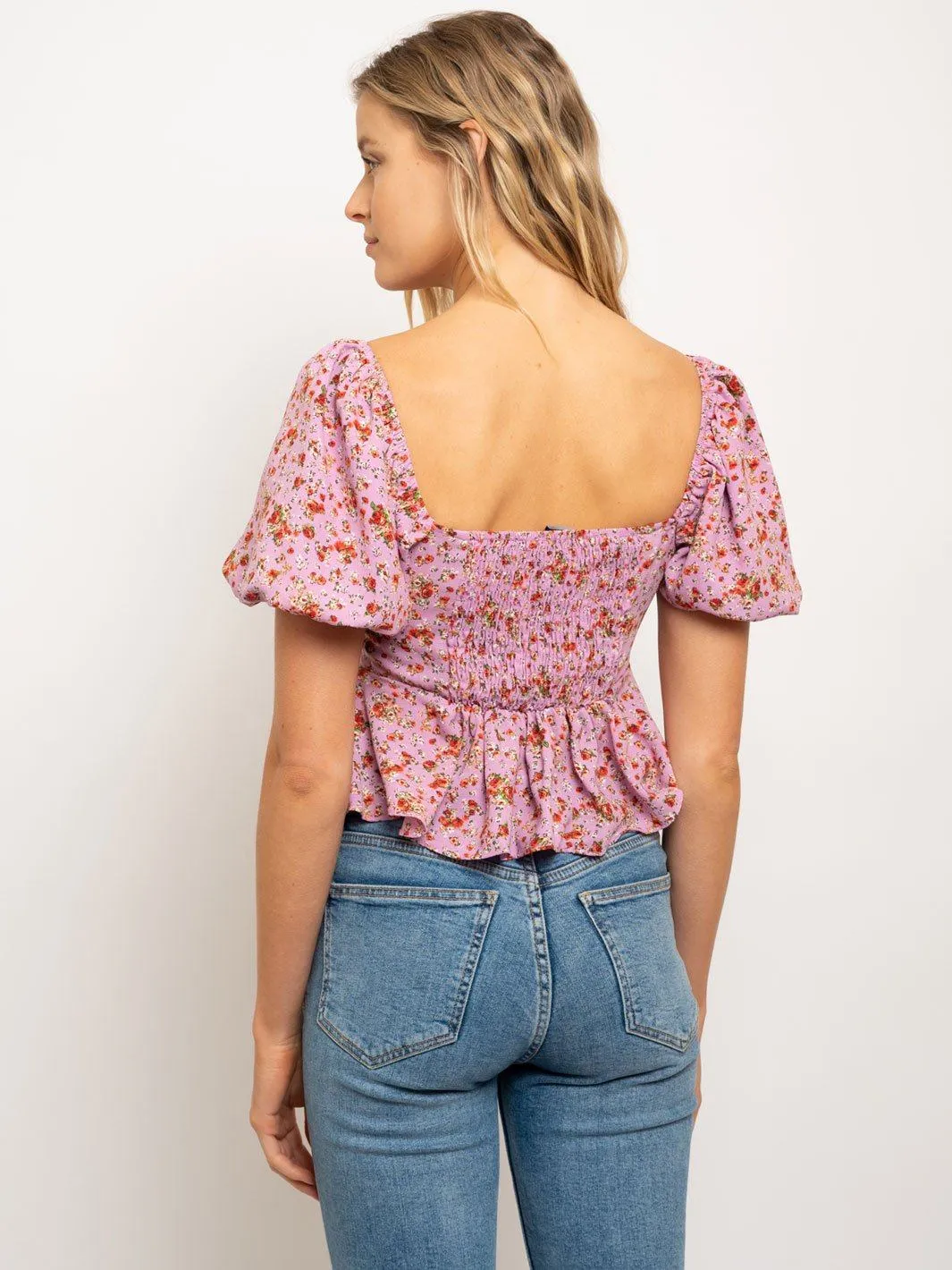 WOMEN'S SHORT PUFF SLEEVES SQUARE NECK FLORAL PEPLUM TOP