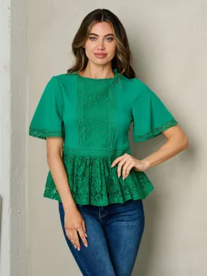 WOMEN'S SHORT SLEEVE MOCK NECK LACE PEPLUM TOP