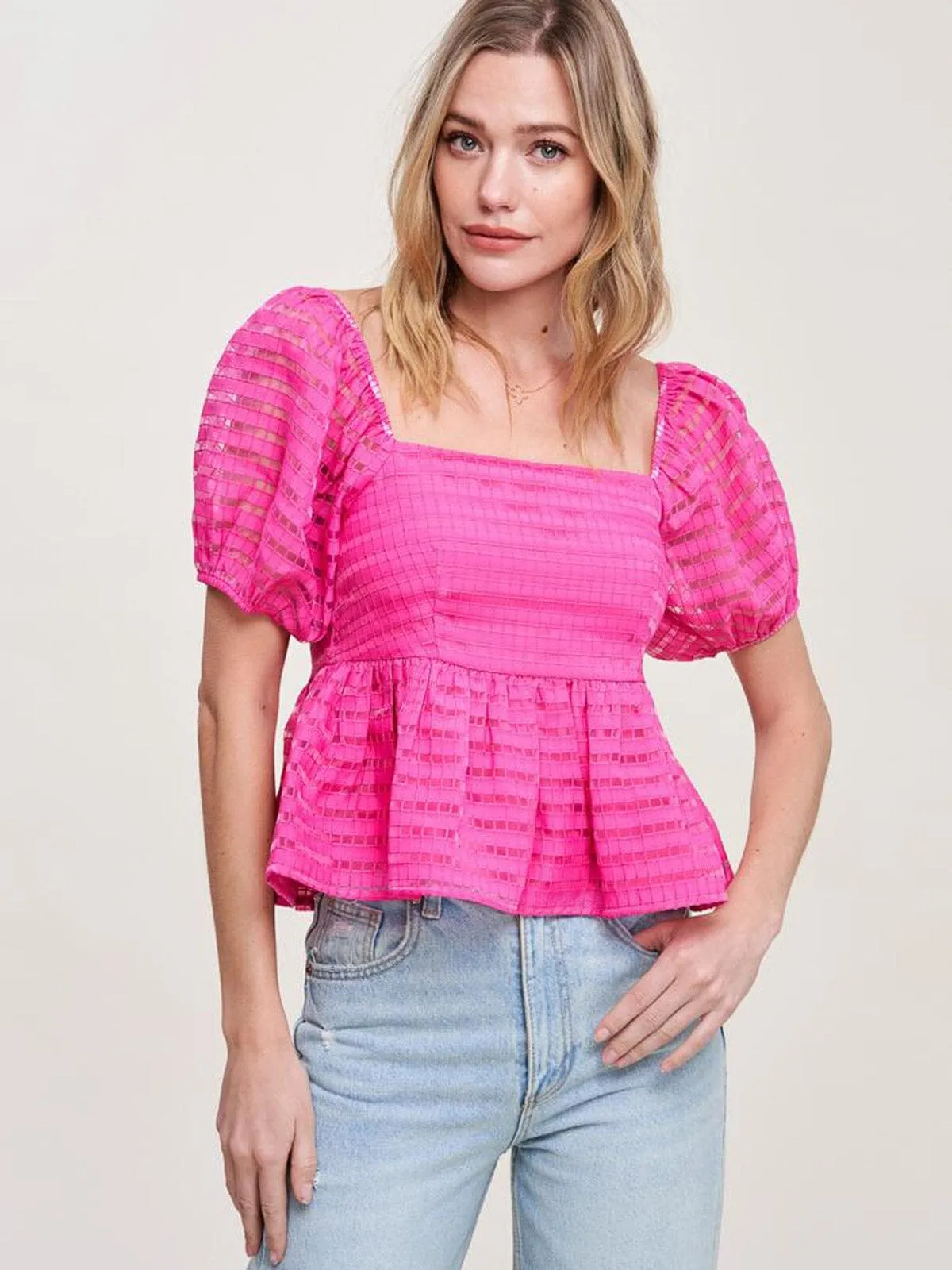 WOMEN'S SHORT SLEEVE SQUARE NECK PEPLUM BLOUSE TOP