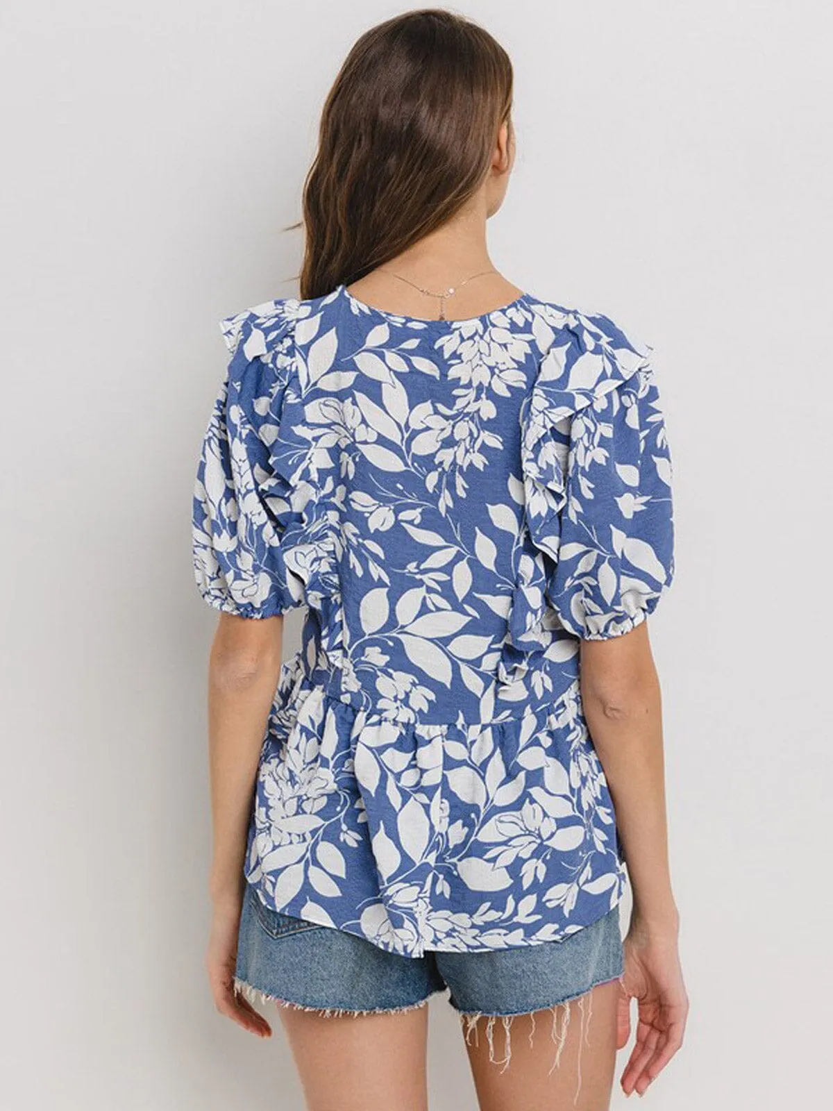 WOMEN'S SHORT SLEEVE SURPLICE FLORAL PEPLUM BLOUSE TOP