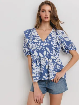 WOMEN'S SHORT SLEEVE SURPLICE FLORAL PEPLUM BLOUSE TOP