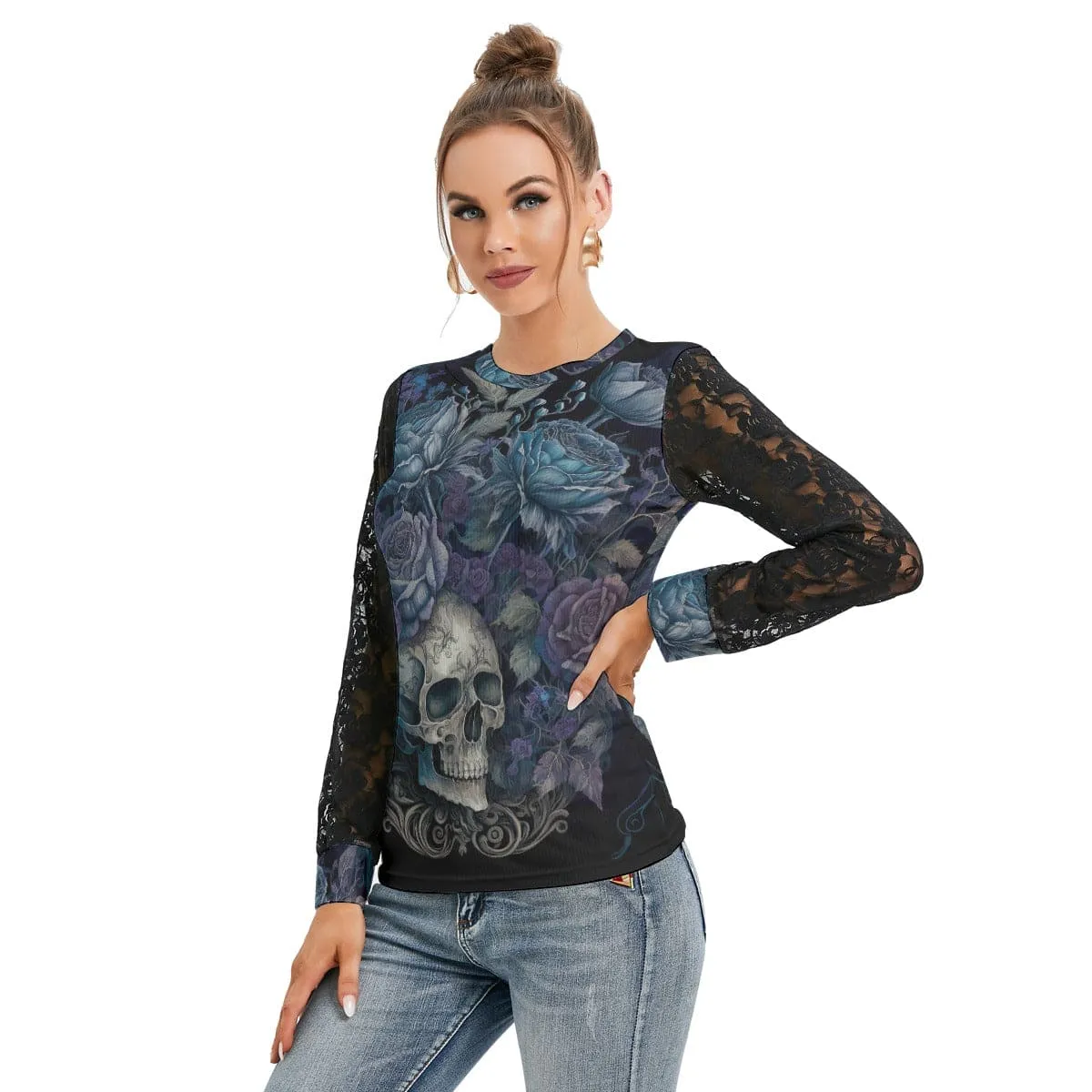 Women's Skull With Blue Floral Long Sleeve With Black Lace
