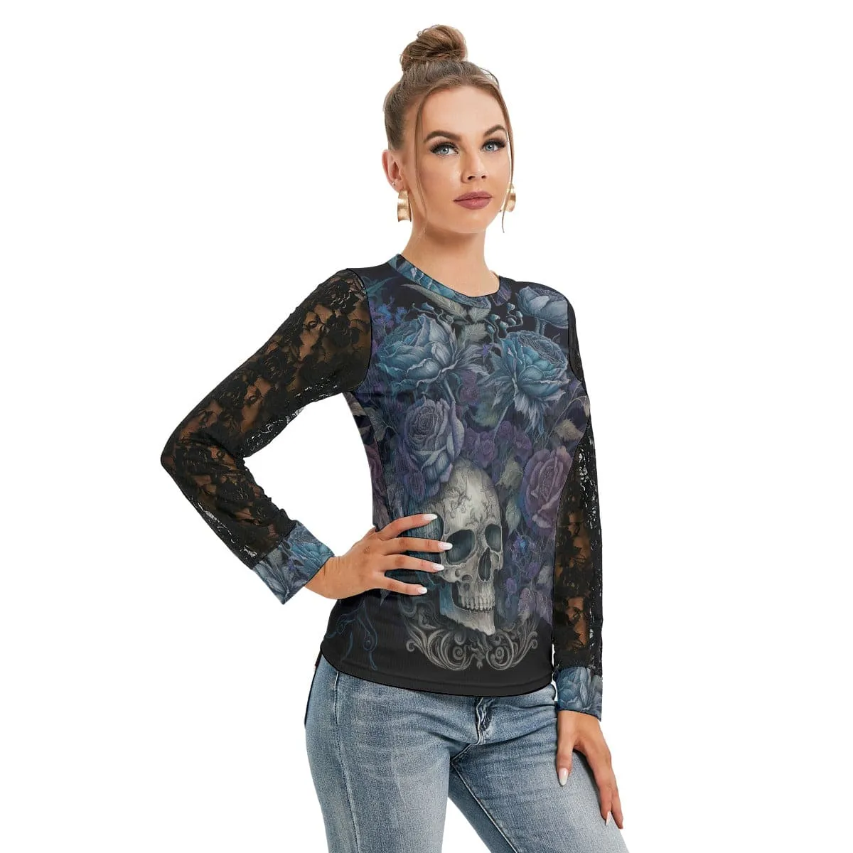 Women's Skull With Blue Floral Long Sleeve With Black Lace